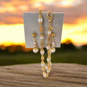 B.C. Lind 14KGE Faux Pearl Necklace Gold Chain Link 18" Retro Classic & Earrings